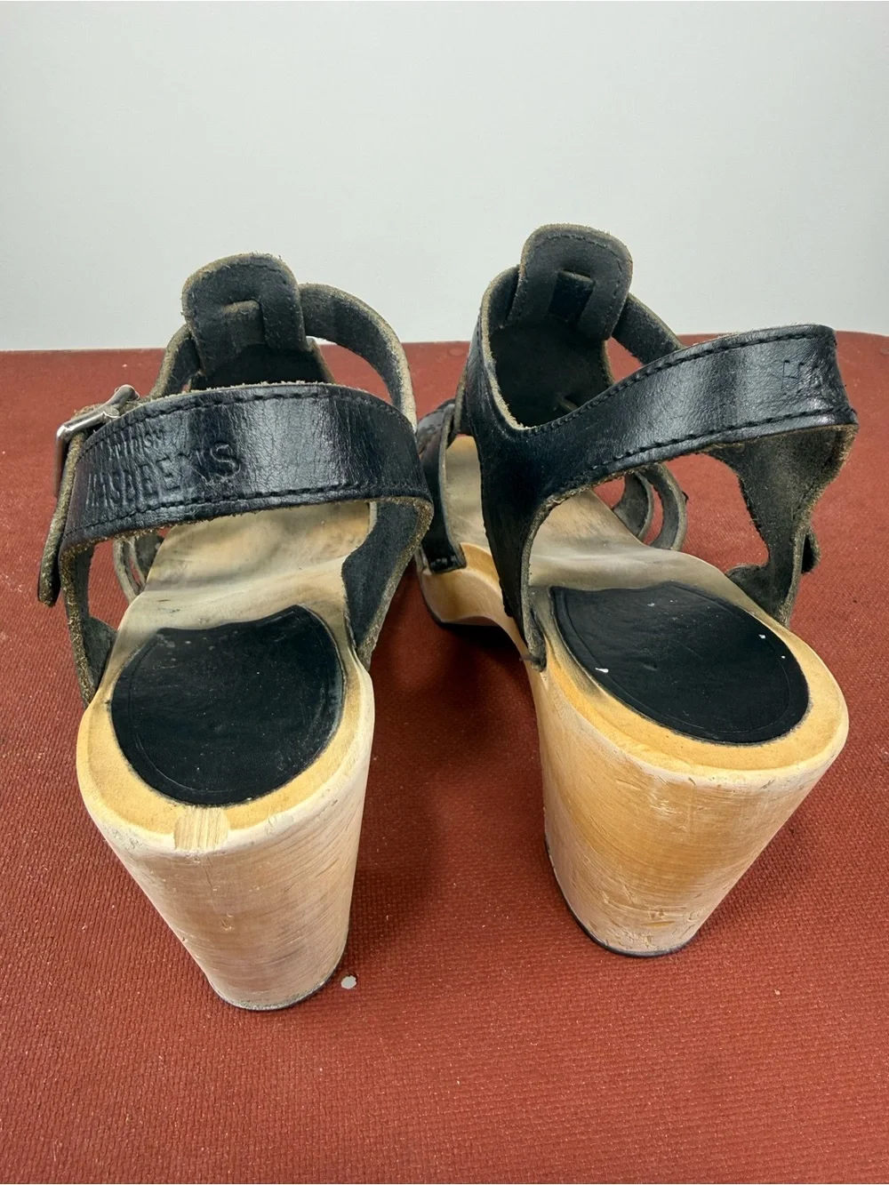 Swedish Hasbeens Black Woven Leather Platform Sandals Size 39